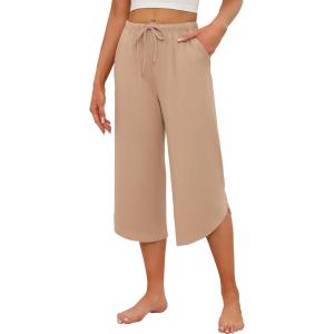 Ekouaer Womens Pajama Pants Capri Wide Leg lounge Pj Pants Summer Comfy Drawstring Pajama Bottoms with Pockets(Khaki)