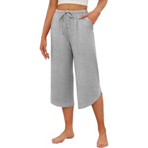 Ekouaer Womens Pajama Pants Capri Wide Leg lounge Pj Pants Summer Comfy Drawstring Pajama Bottoms with Pockets(Light Gray)