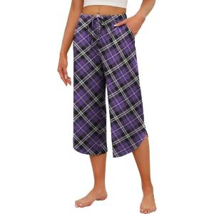 Ekouaer Womens Pajama Pants Capri Wide Leg lounge Pj Pants Summer Comfy Drawstring Pajama Bottoms with Pockets(Purple Plaid)
