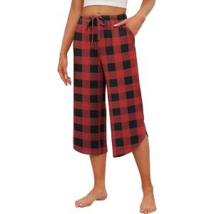 Ekouaer Womens Pajama Pants Capri Wide Leg lounge Pj Pants Summer Comfy Drawstring Pajama Bottoms with Pockets(Red Plaid)