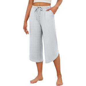 Ekouaer Womens Pajama Pants Capri Wide Leg lounge Pj Pants Summer Comfy Drawstring Pajama Bottoms with Pockets(White Stripes)