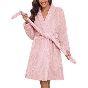 Ekouaer Women’s Robes Short Plush Bathrobe Knee Length Warm Soft Jacquard Robe Winter House Coat with Pockets S-XXL(B Pink Jacquard)