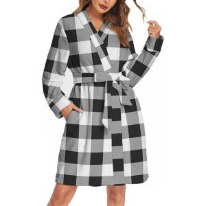 Ekouaer Women’s Robes Short Plush Bathrobe Knee Length Warm Soft Jacquard Robe Winter House Coat with Pockets S-XXL(Black&white Plaid)