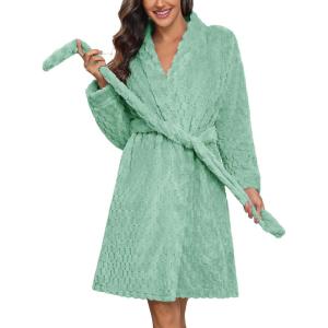 Ekouaer Women’s Robes Short Plush Bathrobe Knee Length Warm Soft Jacquard Robe Winter House Coat with Pockets S-XXL(Grey Green Jacquard)