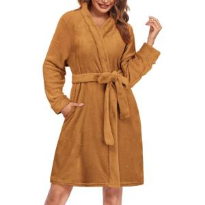 Ekouaer Women’s Robes Short Plush Bathrobe Knee Length Warm Soft Jacquard Robe Winter House Coat with Pockets S-XXL(Khaki)
