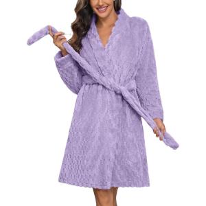 Ekouaer Women’s Robes Short Plush Bathrobe Knee Length Warm Soft Jacquard Robe Winter House Coat with Pockets S-XXL(Light Purple Jacquard)