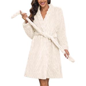 Ekouaer Women’s Robes Short Plush Bathrobe Knee Length Warm Soft Jacquard Robe Winter House Coat with Pockets S-XXL(White Jacquard)