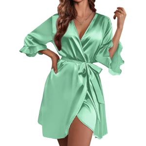 Ekouaer Women’s Satin Robe Valentines Lingerie for Women Kimono Bathrobe Short Ruffle Belted Robes Bridesmaids Sleepwear(Ice Green)