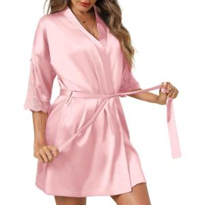 Ekouaer Women’s Satin Robes Sexy Lace Cami Nightwear Silk Bridesmaid Lingerie Kimono 3/4 Sleeve Sleepwear(Pink)