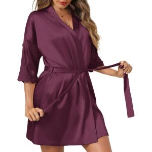 Ekouaer Women’s Satin Robes Sexy Lace Cami Nightwear Silk Bridesmaid Lingerie Kimono 3/4 Sleeve Sleepwear(Plum Red)