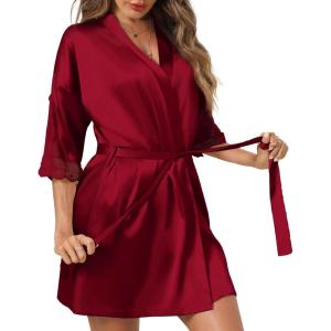 Ekouaer Women’s Satin Robes Sexy Lace Cami Nightwear Silk Bridesmaid Lingerie Kimono 3/4 Sleeve Sleepwear(Wine Red)