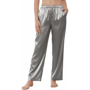 Ekouaer Women’s Silk Satin Pajama Pants Wide Leg Lounge Pants for Women Elastic Waist Pj Bottoms with Side Pockets(Dark Gray)