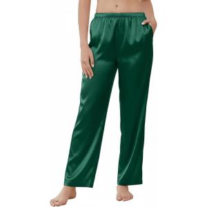Ekouaer Women’s Silk Satin Pajama Pants Wide Leg Lounge Pants for Women Elastic Waist Pj Bottoms with Side Pockets(Dark Green)