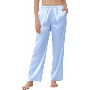 Ekouaer Women’s Silk Satin Pajama Pants Wide Leg Lounge Pants for Women Elastic Waist Pj Bottoms with Side Pockets(Light Blue)