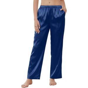 Ekouaer Women’s Silk Satin Pajama Pants Wide Leg Lounge Pants for Women Elastic Waist Pj Bottoms with Side Pockets(Navy Blue)