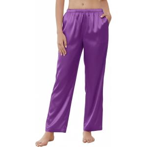 Ekouaer Women’s Silk Satin Pajama Pants Wide Leg Lounge Pants for Women Elastic Waist Pj Bottoms with Side Pockets(Purple)
