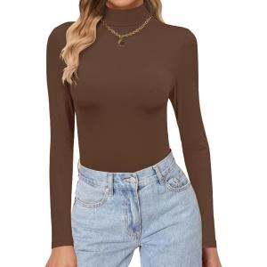 Ekouaer Women’s Turtleneck Shirts Long Sleeve Soft Lightweight Fitted Mock Thermal Base Layer Tops(Brown)