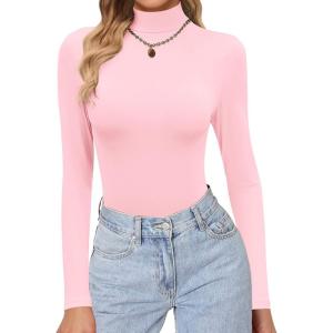 Ekouaer Women’s Turtleneck Shirts Long Sleeve Soft Lightweight Fitted Mock Thermal Base Layer Tops(Pink)