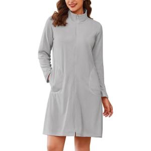 Ekouaer Women’s Zipper Robes Long Sleeves Bathobe Soft House Coat Sleepwear Knee Length Loungewear with Pockets S-XXL(Light Grey)