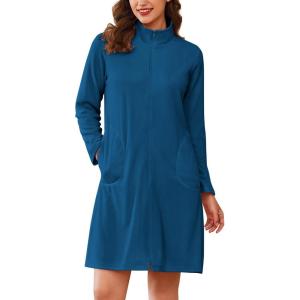 Ekouaer Women’s Zipper Robes Long Sleeves Bathobe Soft House Coat Sleepwear Knee Length Loungewear with Pockets S-XXL(Navy Blue)