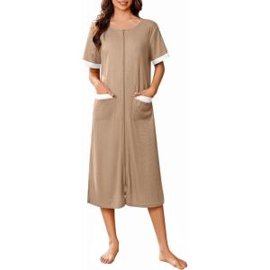 Ekouaer Zip Up Robes for Women Long Waffle Knit Bathrobe Lightweight house coat Soft Full Length Nightgown with Pockets S-3XL(Khaki)