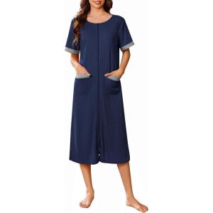 Ekouaer Zip Up Robes for Women Long Waffle Knit Bathrobe Lightweight house coat Soft Full Length Nightgown with Pockets S-3XL(Navy Blue)