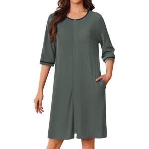 Ekouaer Zip Up Robes for Women Short Waffle Bathrobe Lightweight house coat 3/4 Sleeve Soft Nightgown with Pockets S-3XL(Army Green)