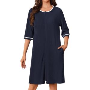 Ekouaer Zip Up Robes for Women Short Waffle Bathrobe Lightweight house coat 3/4 Sleeve Soft Nightgown with Pockets S-3XL(Dark Blue)
