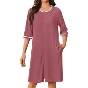 Ekouaer Zip Up Robes for Women Short Waffle Bathrobe Lightweight house coat 3/4 Sleeve Soft Nightgown with Pockets S-3XL(Gray Purple)
