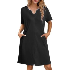 Ekouaer Zipper Robes for Women Knee Length Bathrobe Lightweight Housecoat Short Sleeve Nightgown with Pockets S-3XL(Black)