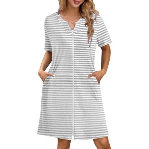 Ekouaer Zipper Robes for Women Knee Length Bathrobe Lightweight Housecoat Short Sleeve Nightgown with Pockets S-3XL(Gray White Stripes)