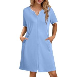 Ekouaer Zipper Robes for Women Knee Length Bathrobe Lightweight Housecoat Short Sleeve Nightgown with Pockets S-3XL(Light Blue)