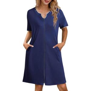 Ekouaer Zipper Robes for Women Knee Length Bathrobe Lightweight Housecoat Short Sleeve Nightgown with Pockets S-3XL(Navy Blue)
