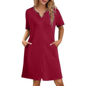 Ekouaer Zipper Robes for Women Knee Length Bathrobe Lightweight Housecoat Short Sleeve Nightgown with Pockets S-3XL(Wine Red With Black)
