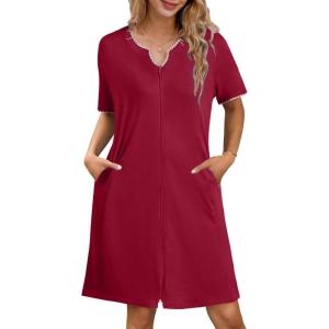 Ekouaer Zipper Robes for Women Knee Length Bathrobe Lightweight Housecoat Short Sleeve Nightgown with Pockets S-3XL(Wine Red With Pink)