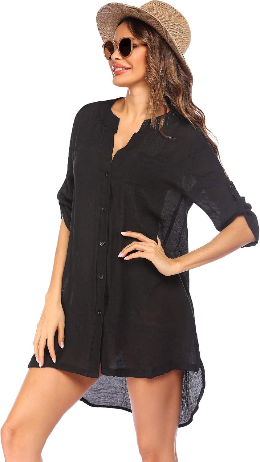 imageEkouaer Bathing Suit Cover Up for Women V Neck Button Down Swimsuit Coverup Beach Dress Shirt S3XLBlack