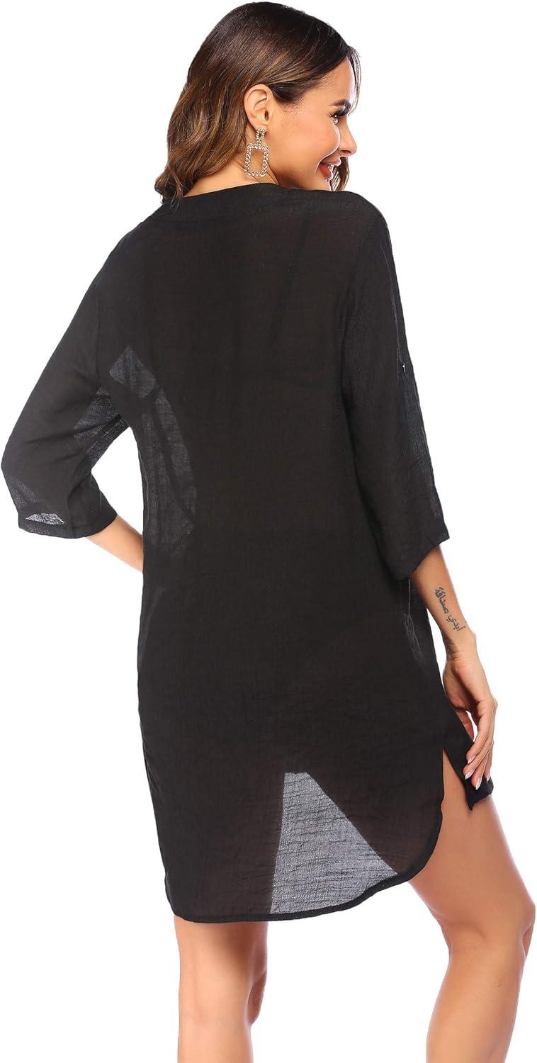 imageEkouaer Bathing Suit Cover Up for Women V Neck Button Down Swimsuit Coverup Beach Dress Shirt S3XLBlack