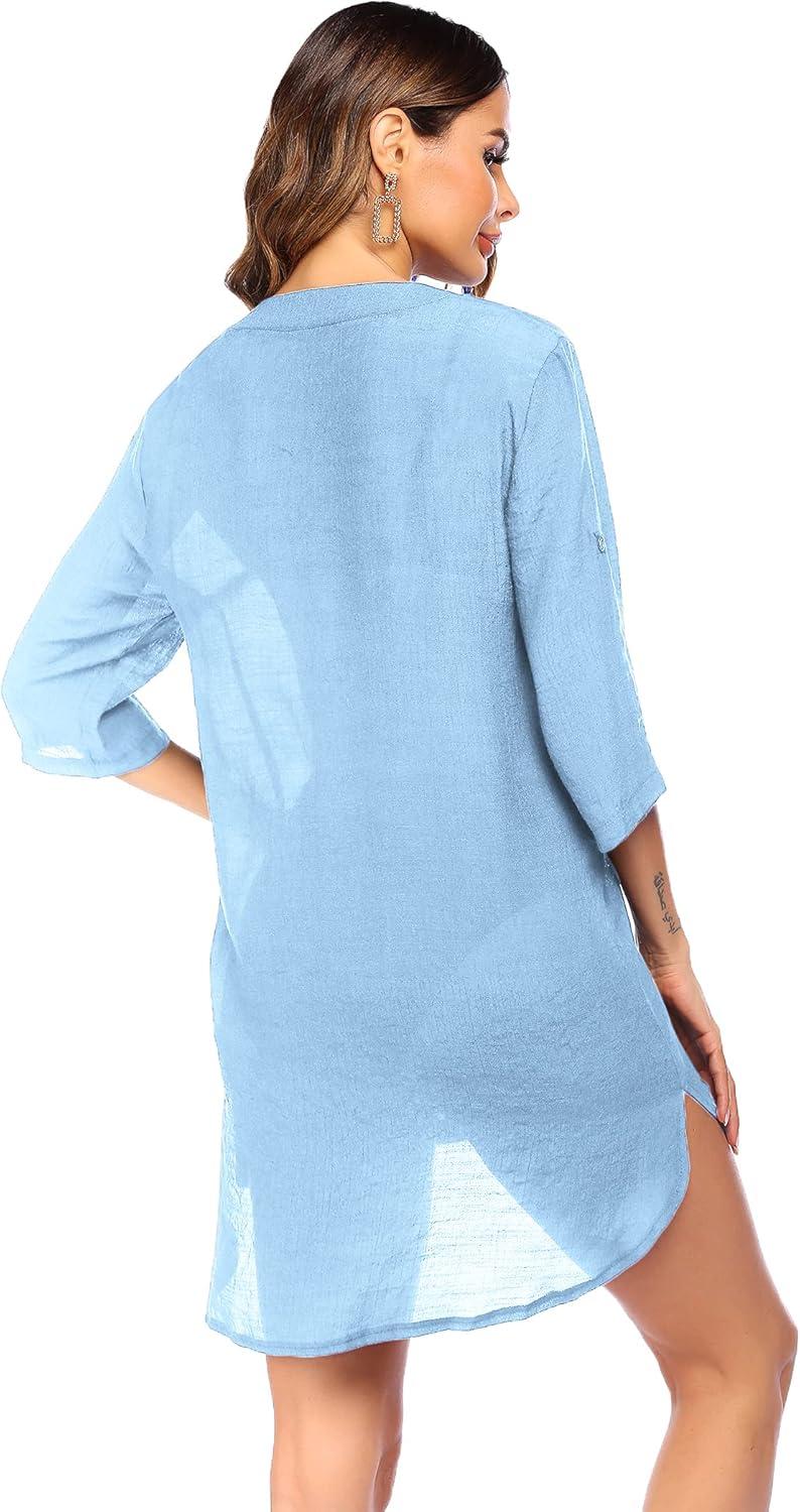 imageEkouaer Bathing Suit Cover Up for Women V Neck Button Down Swimsuit Coverup Beach Dress Shirt S3XLClear Blue