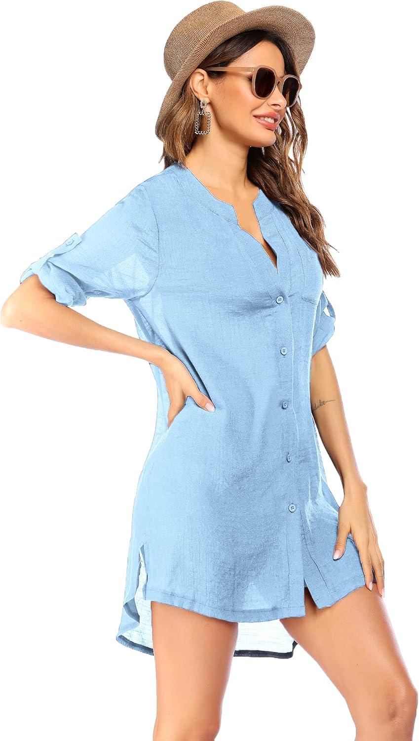 imageEkouaer Bathing Suit Cover Up for Women V Neck Button Down Swimsuit Coverup Beach Dress Shirt S3XLClear Blue