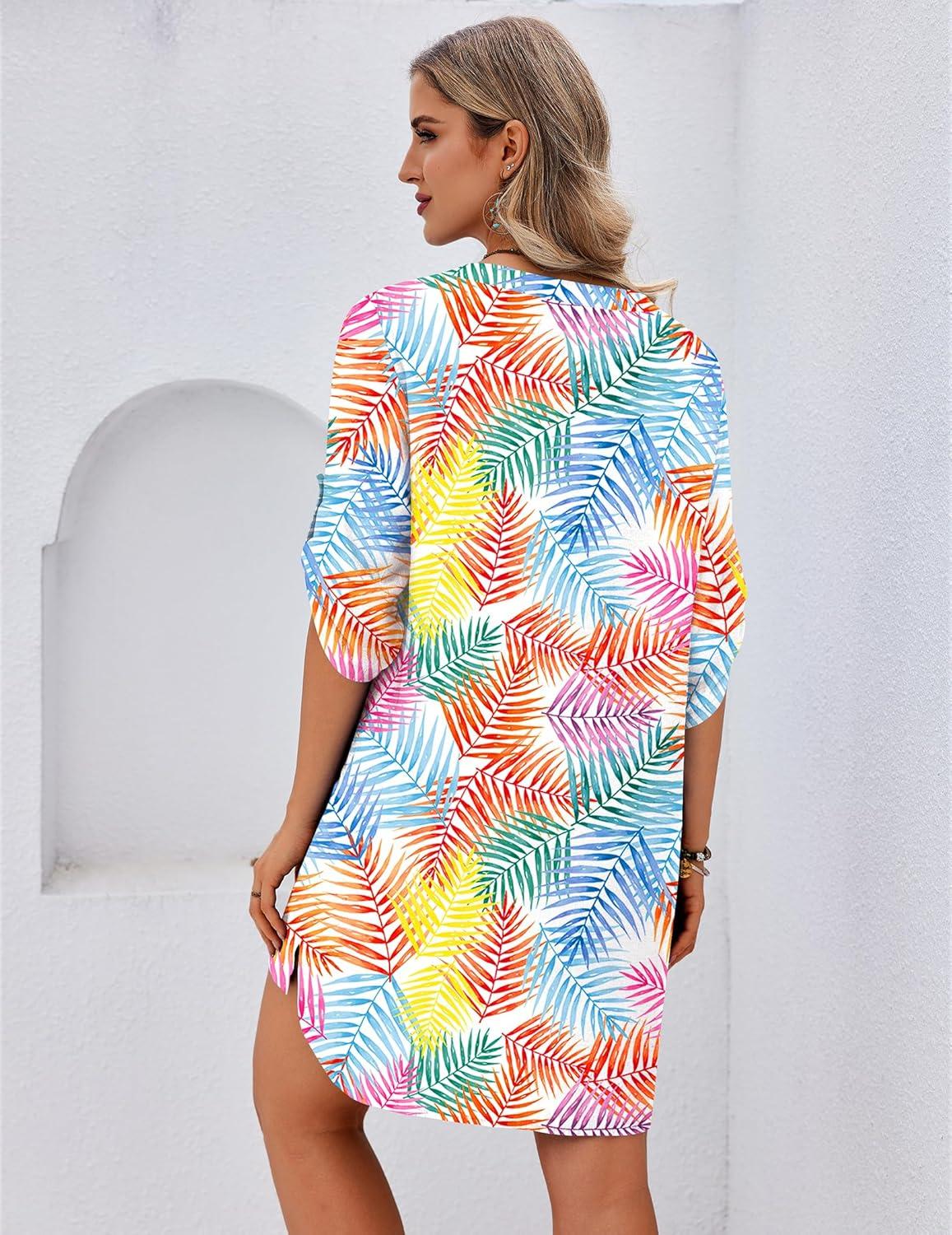 imageEkouaer Bathing Suit Cover Up for Women V Neck Button Down Swimsuit Coverup Beach Dress Shirt S3XLColorful Leaves