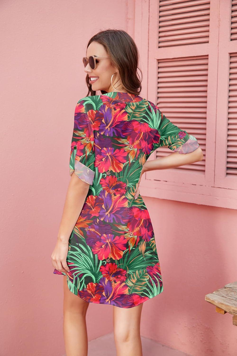 imageEkouaer Bathing Suit Cover Up for Women V Neck Button Down Swimsuit Coverup Beach Dress Shirt S3XLDh690tropical Print