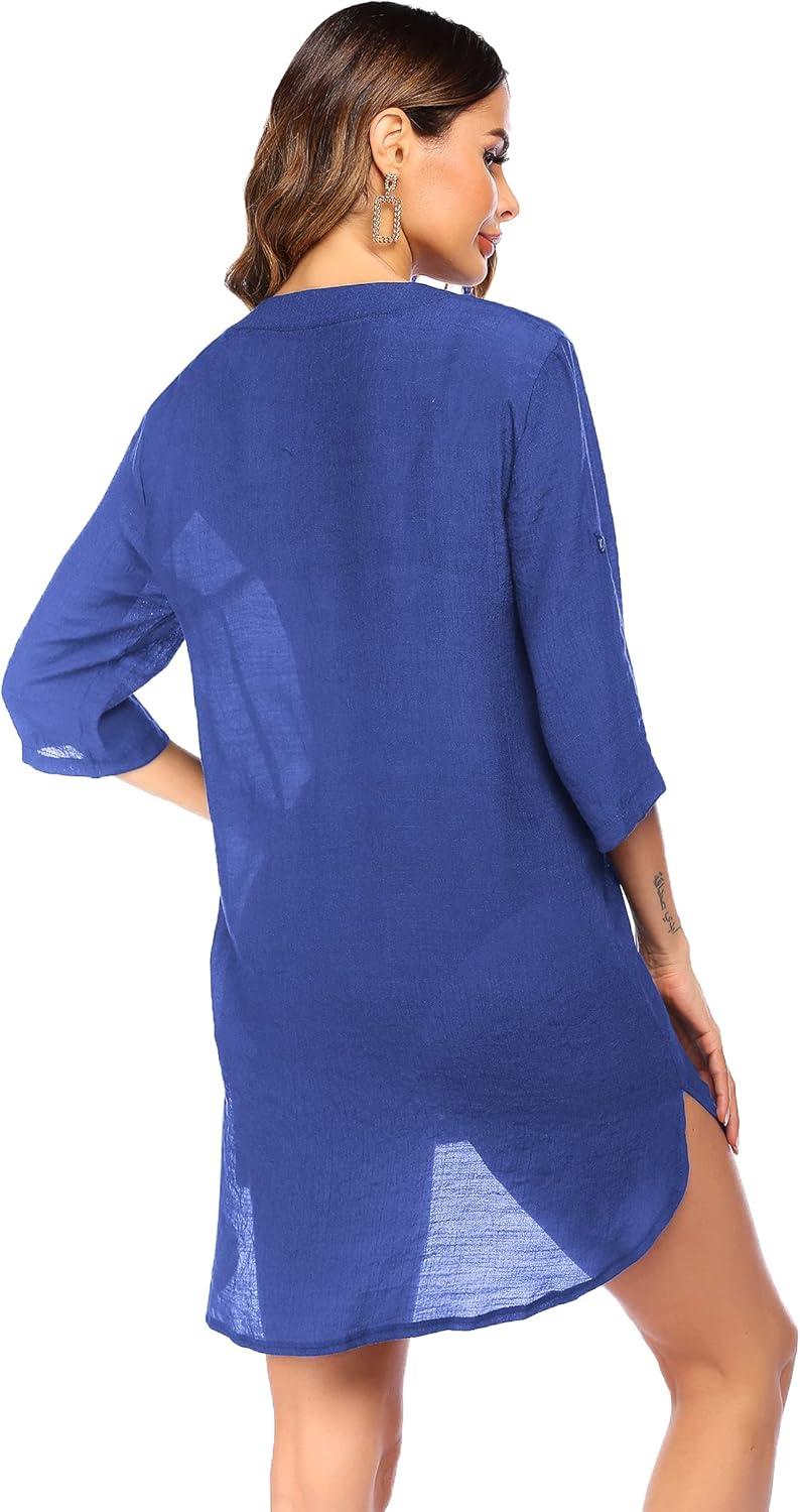 imageEkouaer Bathing Suit Cover Up for Women V Neck Button Down Swimsuit Coverup Beach Dress Shirt S3XLNavy