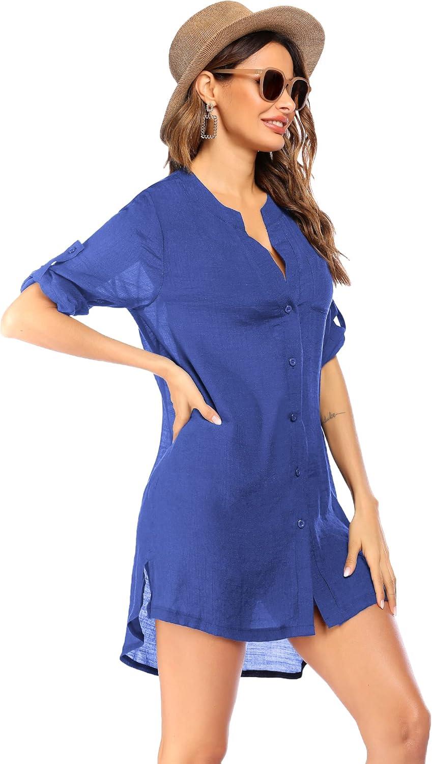 imageEkouaer Bathing Suit Cover Up for Women V Neck Button Down Swimsuit Coverup Beach Dress Shirt S3XLNavy