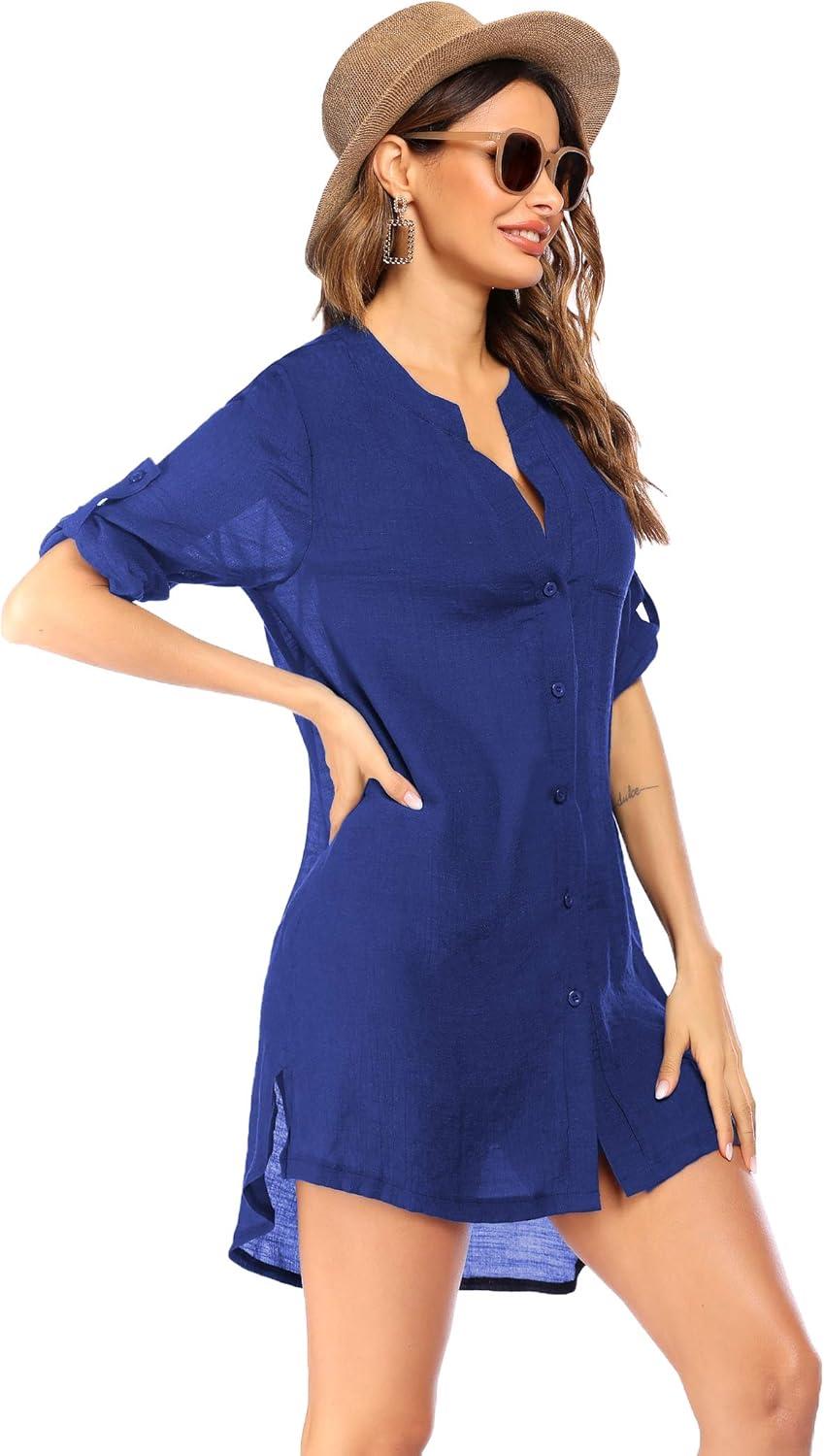 imageEkouaer Bathing Suit Cover Up for Women V Neck Button Down Swimsuit Coverup Beach Dress Shirt S3XLSnorkel Blue