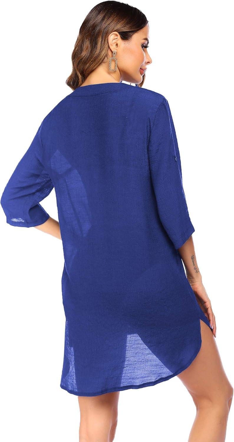 imageEkouaer Bathing Suit Cover Up for Women V Neck Button Down Swimsuit Coverup Beach Dress Shirt S3XLSnorkel Blue