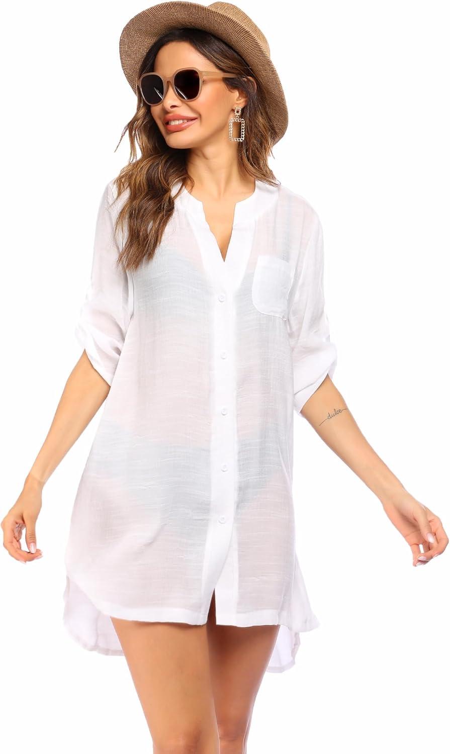 imageEkouaer Bathing Suit Cover Up for Women V Neck Button Down Swimsuit Coverup Beach Dress Shirt S3XLWhite