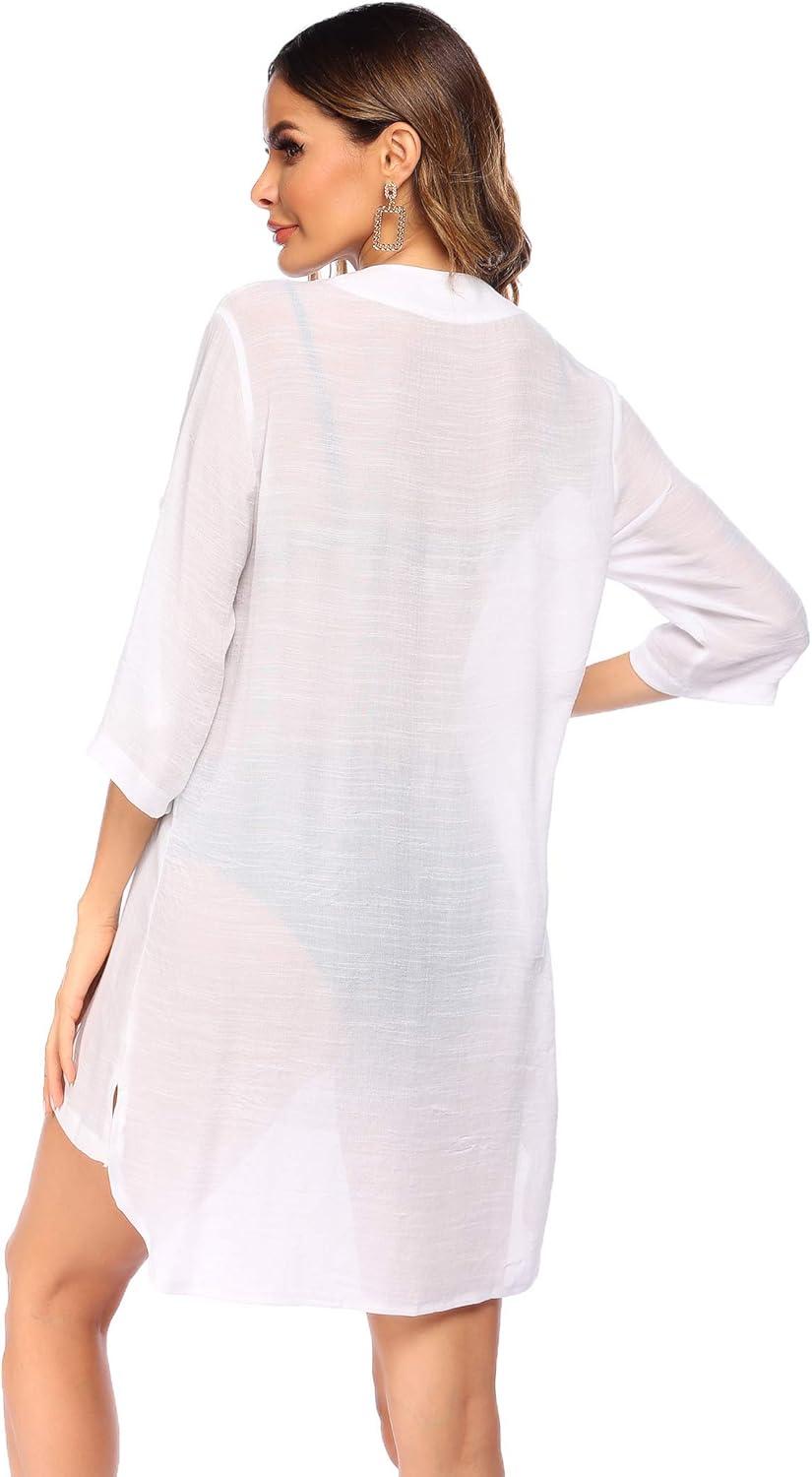 imageEkouaer Bathing Suit Cover Up for Women V Neck Button Down Swimsuit Coverup Beach Dress Shirt S3XLWhite
