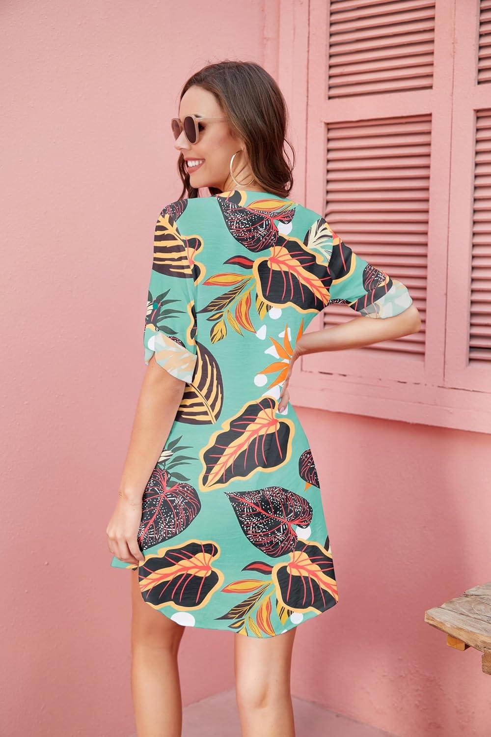imageEkouaer Bathing Suit Cover Up for Women V Neck Button Down Swimsuit Coverup Beach Dress Shirt S3XLZw532tropical Print