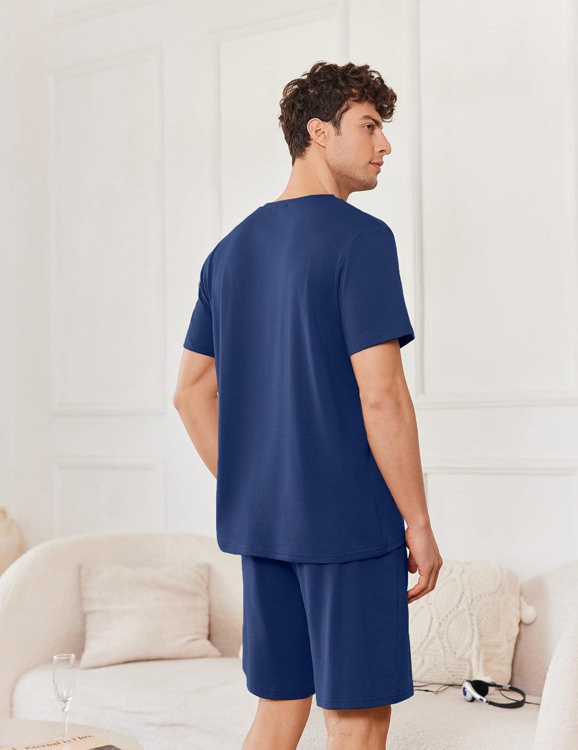 imageEkouaer Mens Pajamas Set Cotton Short Sleeve Sleepwear 2 Piece Pj Sets for Men Soft Nightwear with Pockets SXXLDeep Blue