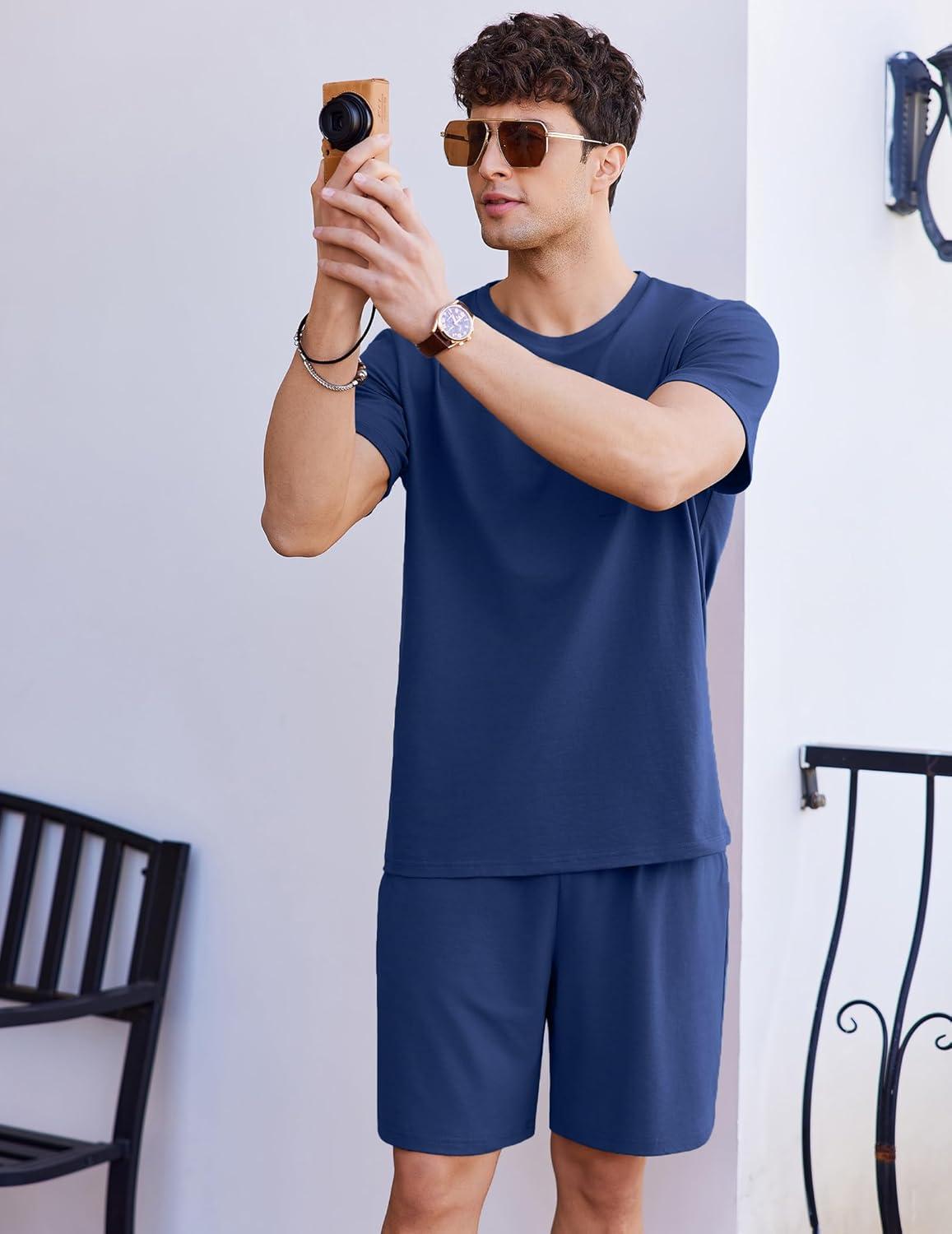 imageEkouaer Mens Pajamas Set Cotton Short Sleeve Sleepwear 2 Piece Pj Sets for Men Soft Nightwear with Pockets SXXLDeep Blue